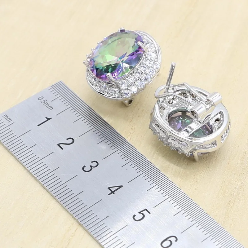 Multicolor Rainbow Crystal Silver Color Jewelry Set for Women Bracelet Earrings Necklace Pendant Ring Birthday Gift | Украшения и