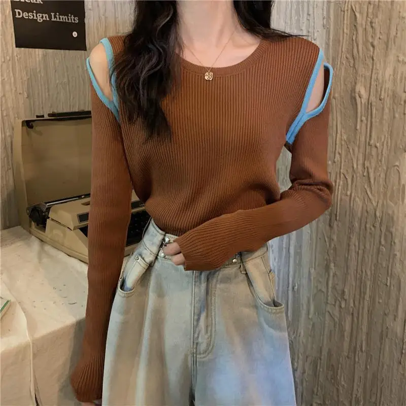 

O Neck Harajuku Sweater Women Clothes 2021 New Korean slim off shoulder contrast Sexy Long Sleeve Pullover Sweater top 571H