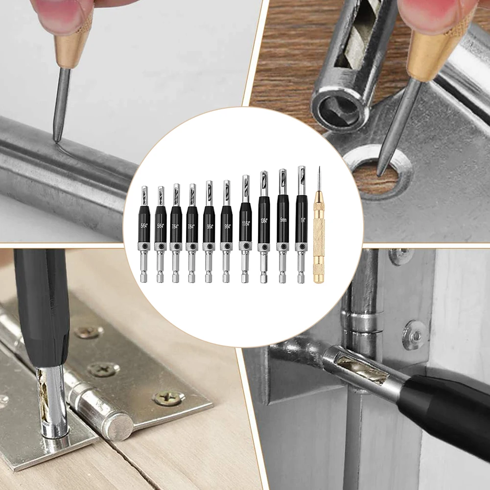

22PCS Self Centering Drill Hole Puncher Hinge Tapper For Door Bit Set Hinge Tapper Core Puncher With Hex Key Replacement Bits