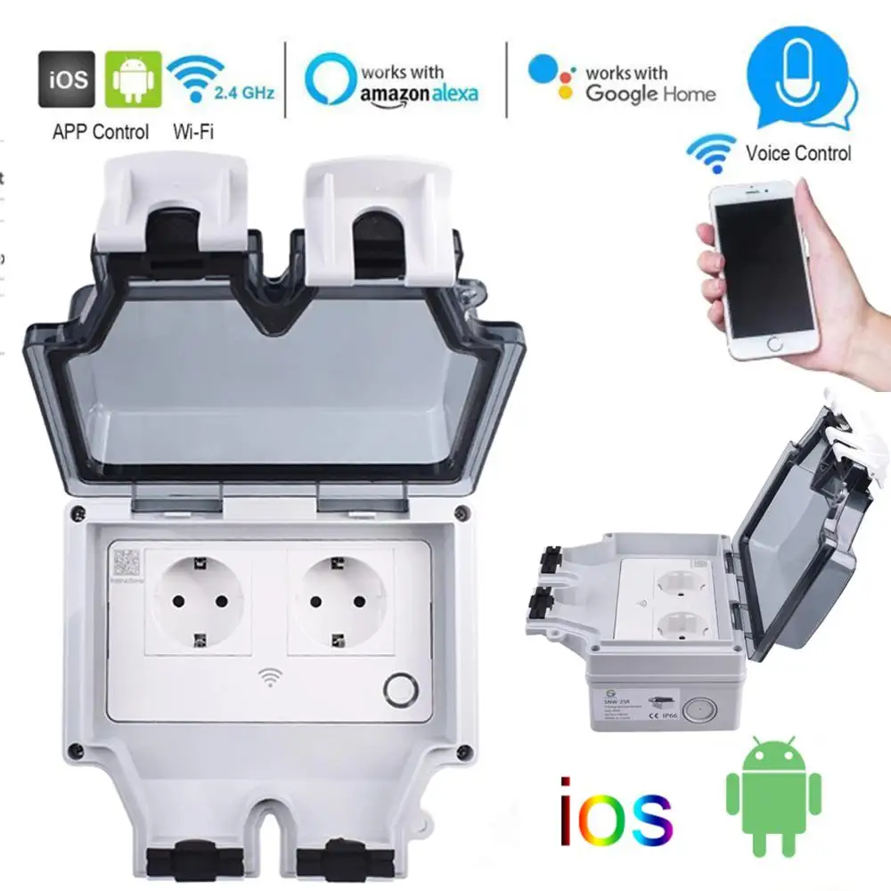 

Tuya Wifi Voice Control Smart Socket IP66 Waterproof Single And Double Socket Timer Switch Works With Alexa Google Assistant New