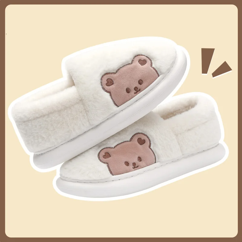 

Furry Winter Warm Plush Slippers Cute Cartoon Bear Women Indoor Home Slipper Thick Bottom Non-slip Sole Shoes