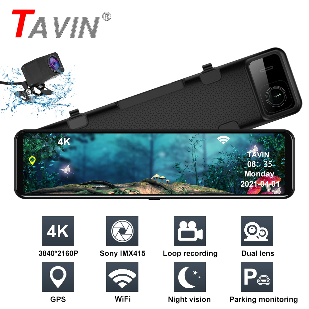TAVIN 12 &quotВидеорегистраторы для автомобилей 4K 3840*2160P Dash Cam WI FI GPS Sony IMX415 зеркало