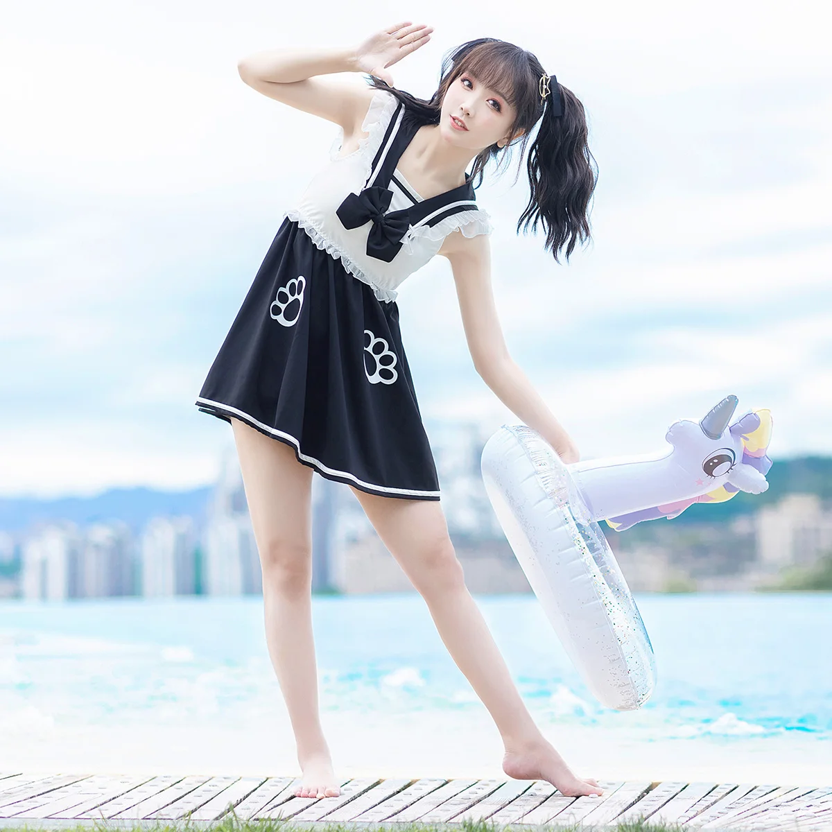 Black Cute cat Swimsuit Sailor collar uniform style hot spring Cosplay swimwear | Costumes