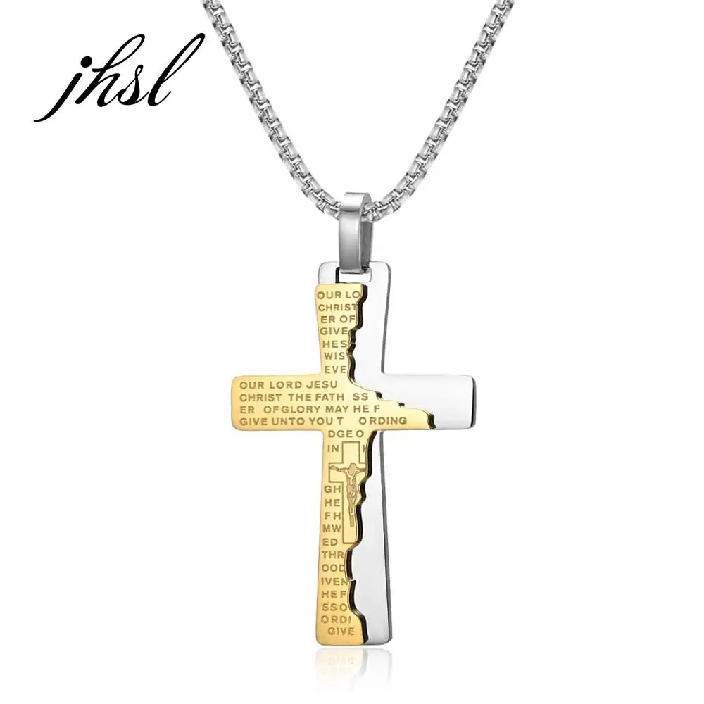 54x35mm Male Men Jesus Cross Necklace Pendants Fashion Christian Jewelry Box Chain Stainless Steel Black Gold Color