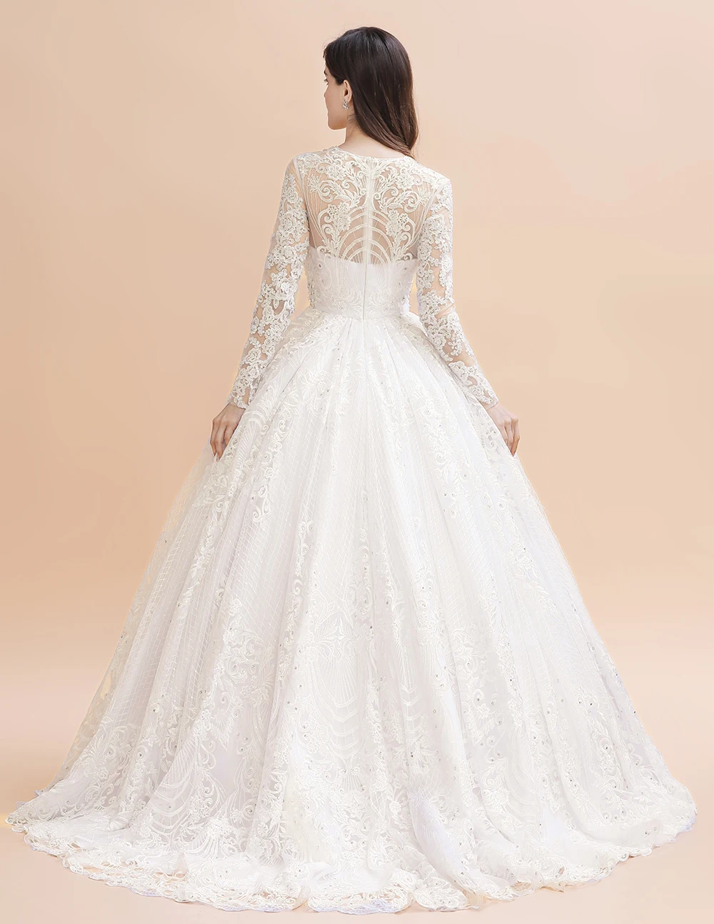 Real Photo Arabic Ivory Wedding Dress Luxury Crystal Beading Lace Ball Gown Applique Long Sleeve Zip Design Wedding Gowns