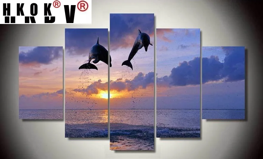 

HKOK 5 Panels Canvas Painting Sunset Seaside Modular HD Printed Animals Dolphins Posters Wall Picture for Living Room Home Decor