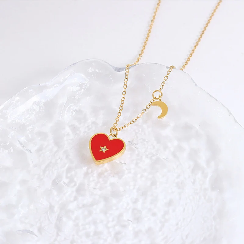 

Amaiyllis 18K Gold Fashion Love Peach Heart Inlaid Zircon Clavicle Chain Necklace Pendant Light Luxury Moon Star Charm Necklce