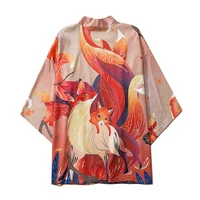 spring summer lovers japanese style samurai fox printed kimono streetwear men women cardigan japan harajuku anime robe clothes