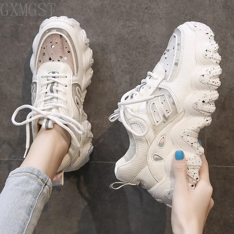 

Sneakers Women Shoes Breathable Mesh Sports Casual Shoes Woman 2021 Autumn Solid Lace-up Wedges Plaform Shoes Women Sneakers