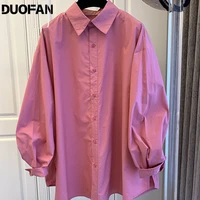 duofan womens oversize shirt cotton korean style loose bat sleeved shirts candy color single breasted poplin office lady blouse