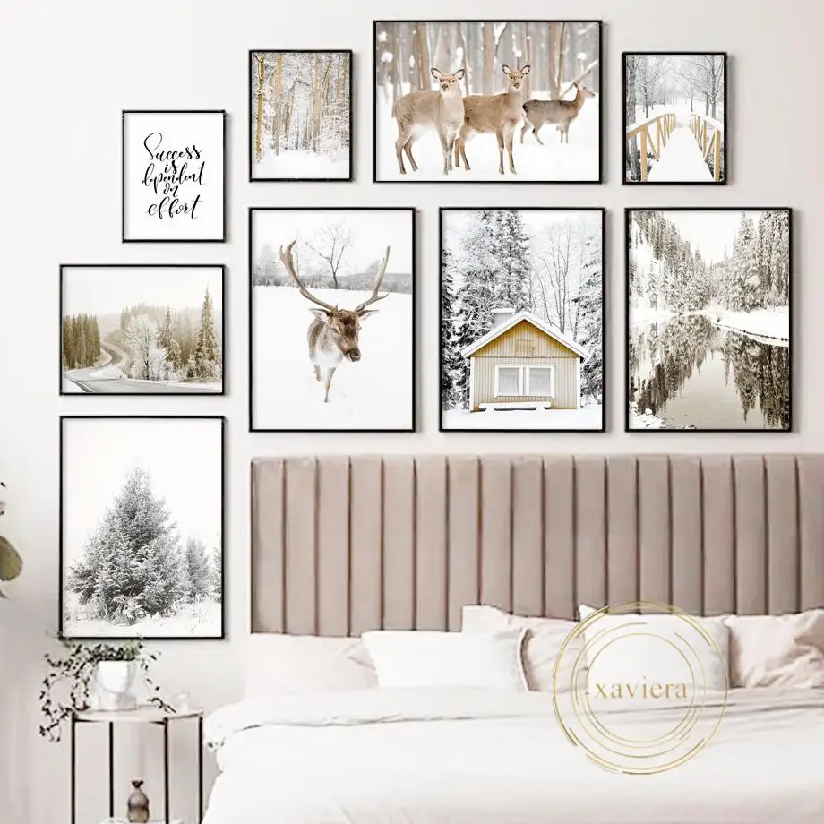 

Scandinavian Winter Deer Forest River Canvas Painting Nordic Natural Scenery Wall Art Poster Modern Home Decoration Living Room