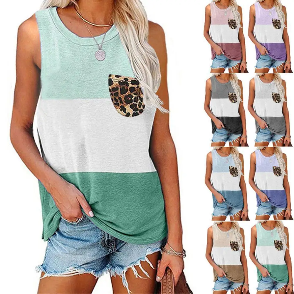 

New Summer Casual Loose Color Matching Leopard Print Top Neck Tops Size Sleevevless O 5XL Pocket Plus Women's Tank T-shirts Q7K0