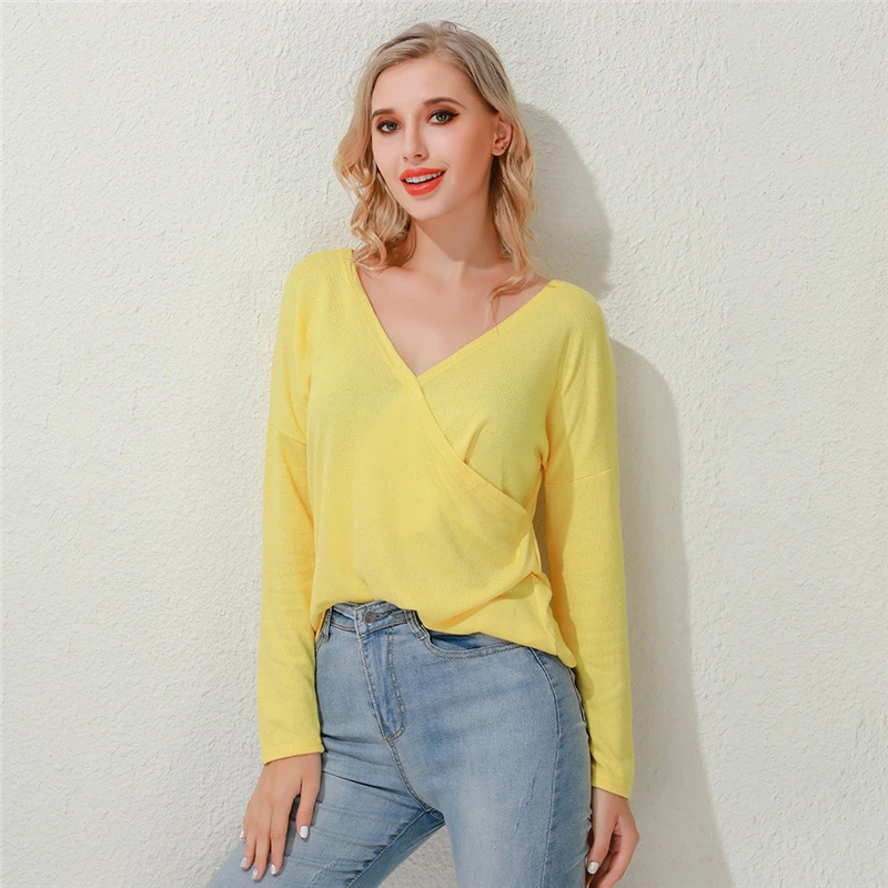 

Autumn Winter Long Sleeve Pullover Sexy Deep V Neck Woman Sweaters Knitted Pull Femme Women Sweter Solid Cross Sweater Women