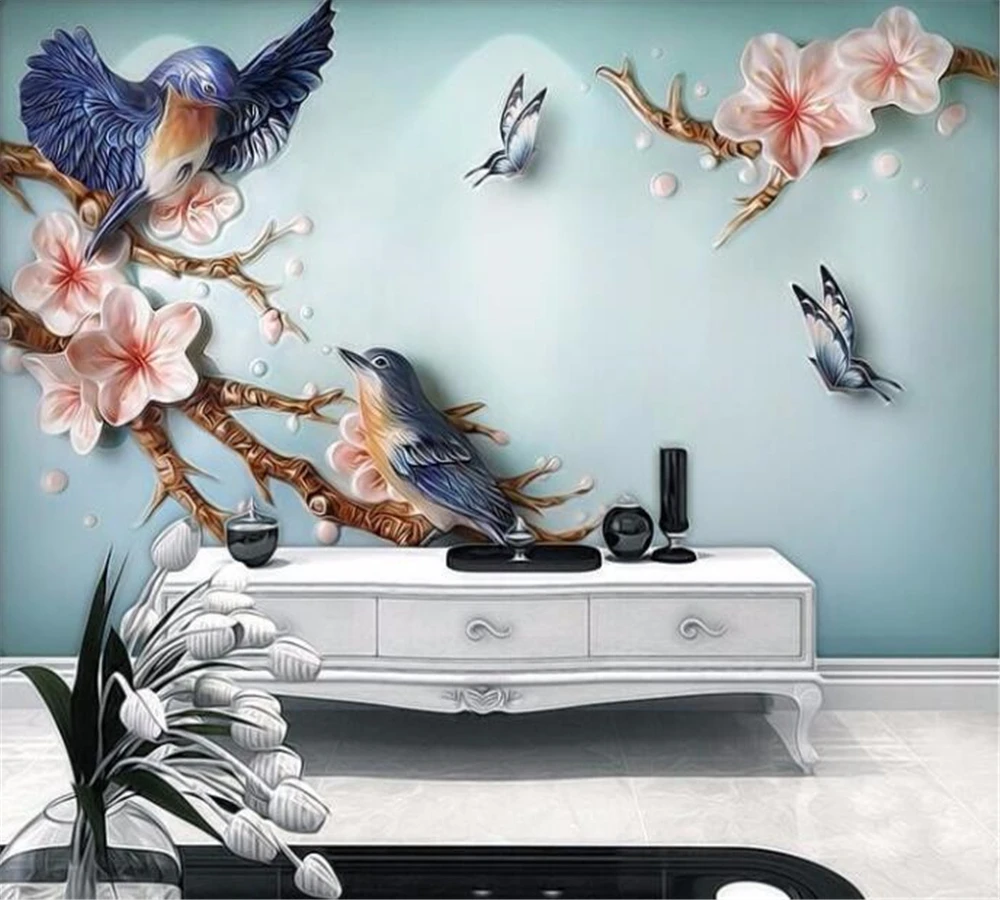 

beibehang Custom Mural 3D Wallpaper Fashion Modern Peony Flower and Bird Embossed Background Living Room Decorative Painting