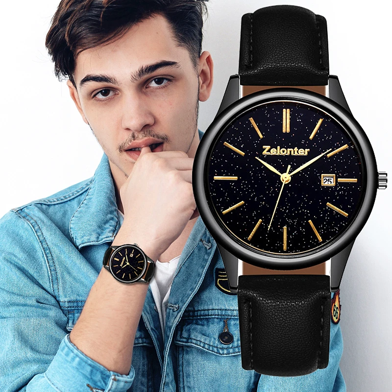 Повседневные кожаные мужские часы модный тренд Звездный циферблат Ультра Тонкий