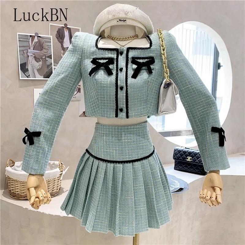 

Tweed 2 Piece Set Women Bow Short Jacket Small Fragrance Coat + Skirt Suits Korean Sweet Outfits French Vintage Two Piece Sets