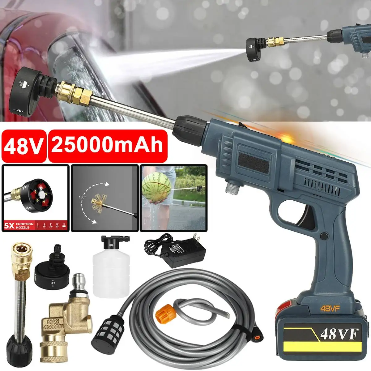 

48V Cordless High Pressure Car Washer 5In1 Multifunctional Nozzle Water Gun Set 25000mAh Garden Cleaning Jet Car Washing Machine