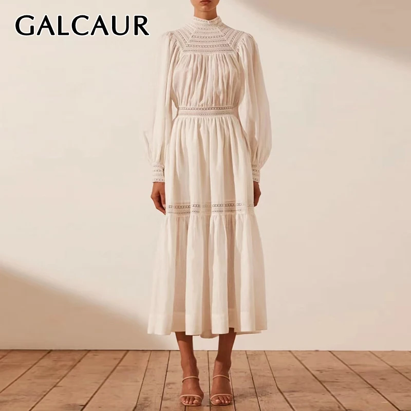 

GALCAUR Patchwork Lace Midi Dress For Women Stand Collar Long Sleeve High Waist Solid Minimalist Dresses Female Autumn Clothing