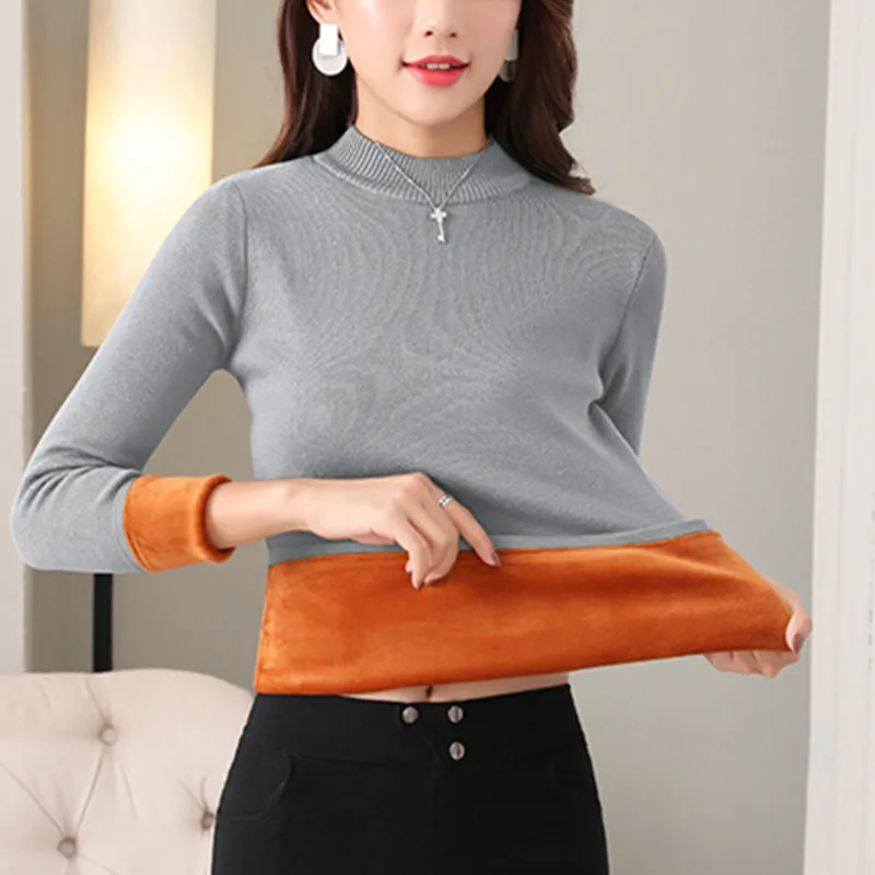 

Women Sweaters Pullovers Fleece Warm Thick Elasticity Female Clothes Slim Jumper Autumn Winter Knitted Sweater Korean