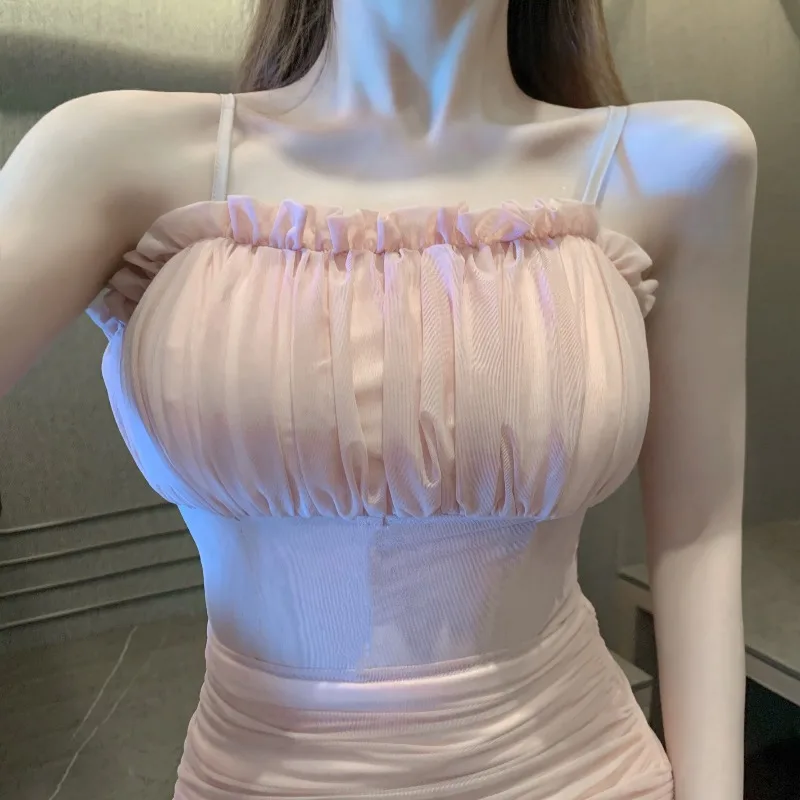 

Sexy Pink Mesh off-Shoulder Spaghetti Straps Dress for Women 2020 Summer New Fitted Waist Pleated Western Style Short Skirt Thin