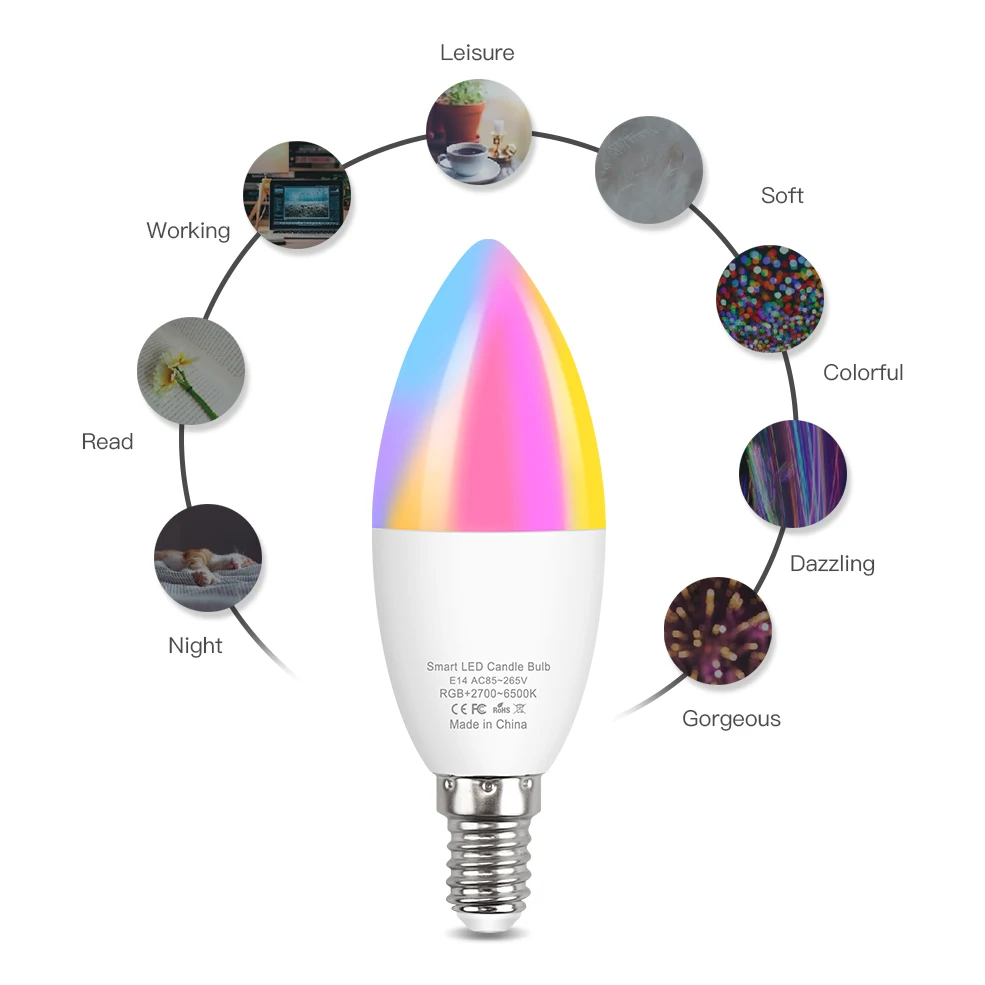 

Tuya Smart WiFi Light Bulb E14 RGB + White +Warm White Dimmable RGB Led Lamp 5W Timer Voice Control Magic Bulb Work with Alexa