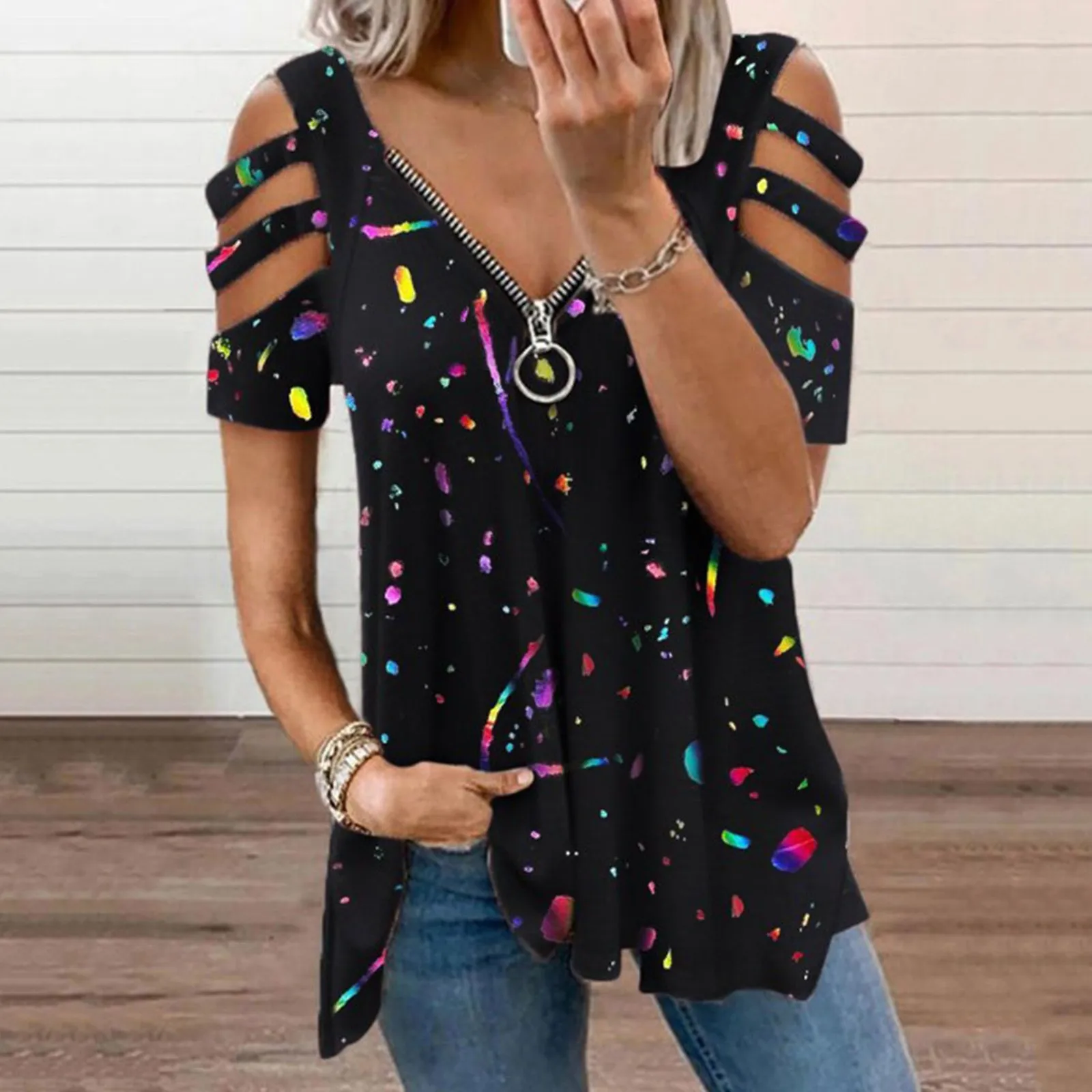 

Блузка женская повседневная с принтом, на молнии, с V-образным вырезом и коротким рукавом, 2021