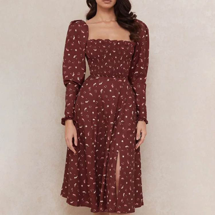 

Женское платье с квадратным вырезом, элегантное приталенное платье с цветочным принтом и разрезом, осень 2021