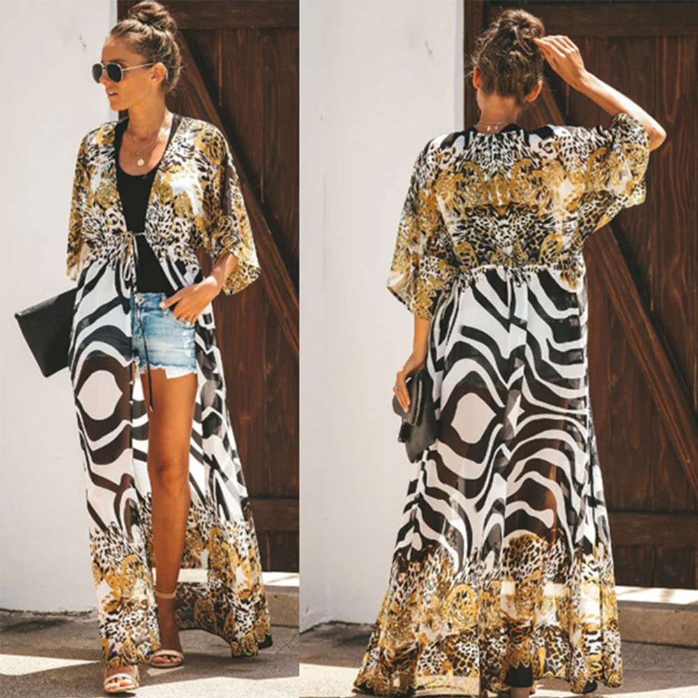 

Zebra Snake Print Chiffon Beach Cover Up Tunics For Beach Long Kaftan Beachwear Boho Chic Hippie Beach Strandjurk Sundress