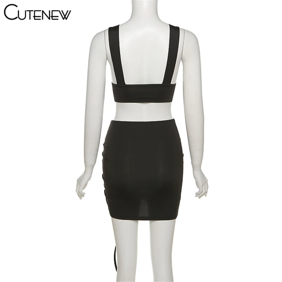 

Cutenew Solid Halter Two Piece Set Womens Clothes Sexy V-Neck Backless Tank Top And Mini Skirt Summer Casual Beach Lady Suit Hot