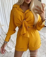 donsignet yellow new casual solid shirt shorts outfits for women long sleeve turn down collar top shorts two piece suit