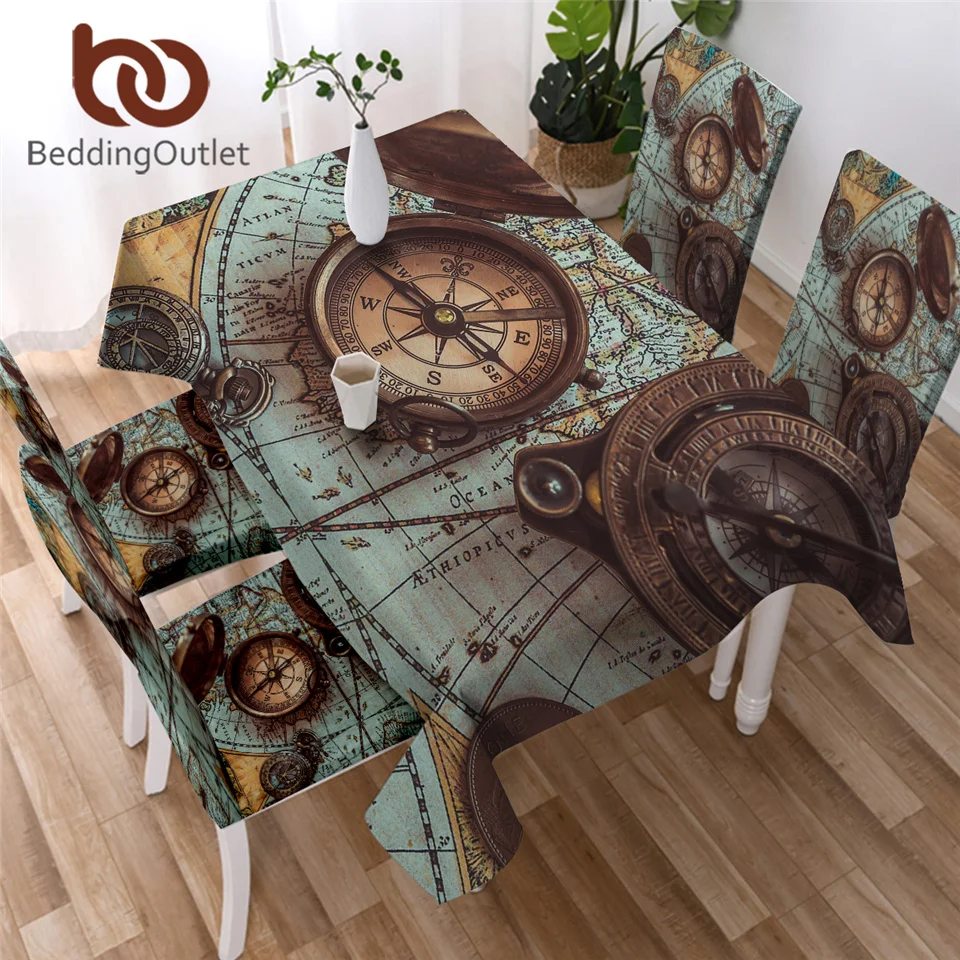 Скатерть BeddingOutlet с компасом Карта мира 3D Рисунок искусственная прямоугольная в