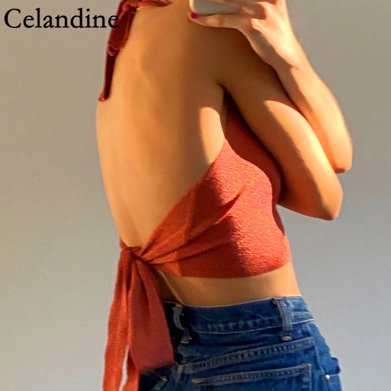 

УКОРОЧЕННЫЙ ТОП Celandine Y2K с лямкой на шее для вечеринки, пикантный Повседневный клубный Топ без рукавов, майка в рубчик, лето 2021