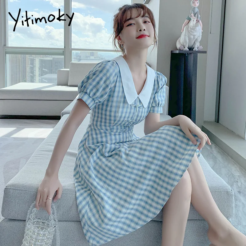

Yitimoky Plaid Woman Dress Blue Short Puff Sleeve Casual Clothing 2021 Summer Korean Style Fashion High Waisted Turn-Down Collar