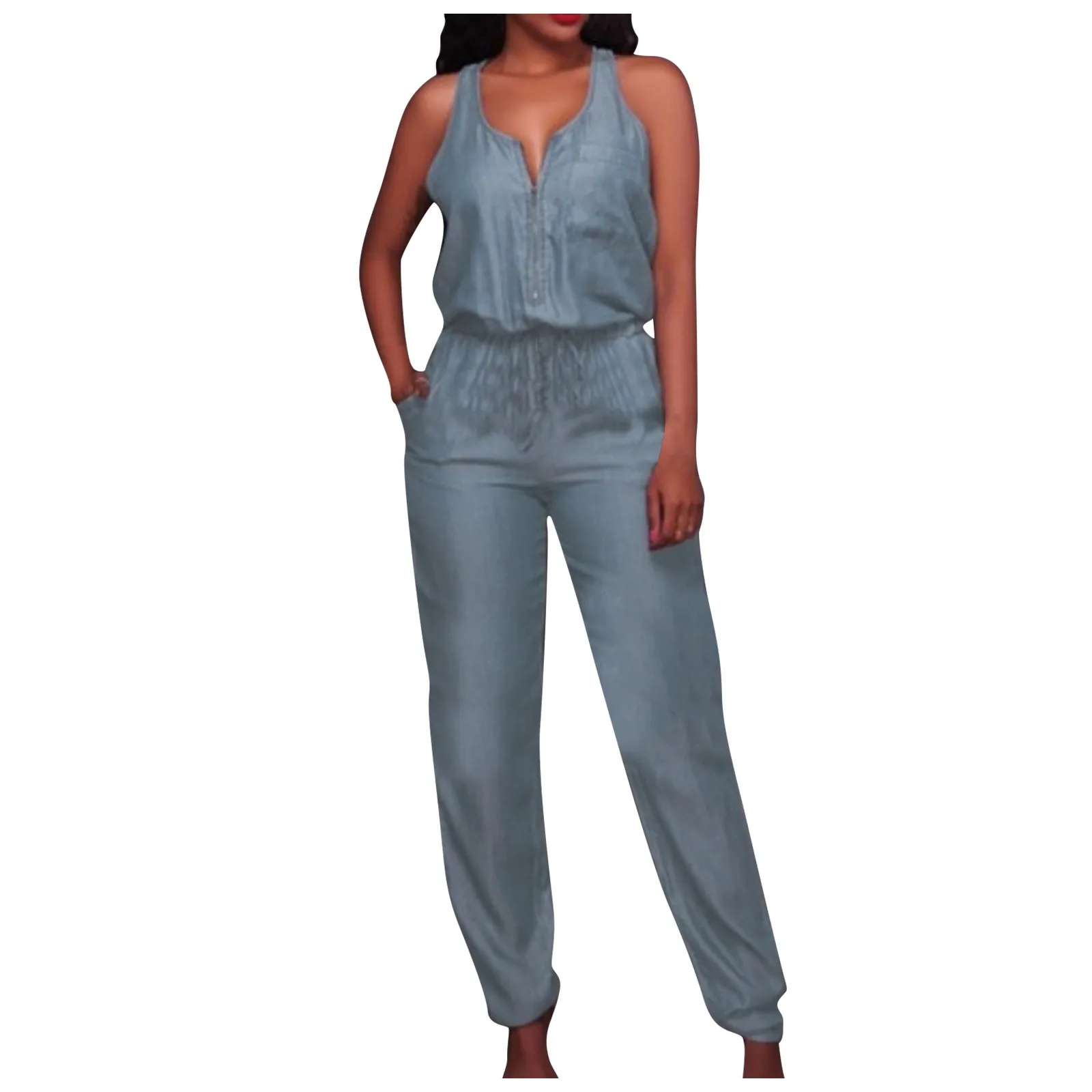 

Womens Sexy Jumpsuits Elegant Off Shoulder Denim Jeans Pocket Sleeveless Jumpsuits Rompers Oversize High Waist Rompers D4