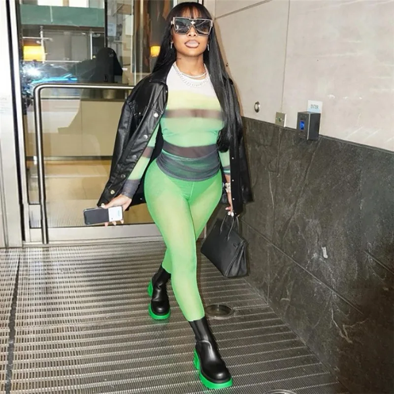 

Spring Autumn Gorgeous Print Mesh Two Piece Set Women Y2K Stripe Long Sleeve Top+Sheath Slim Body-Shaping Pants High Streetwear