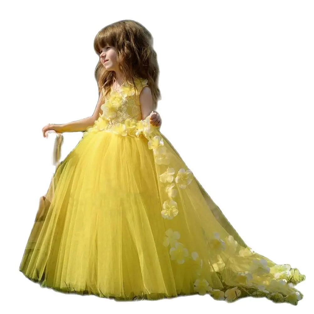 

4-14 Years Yellow Flower Girl Dresses Flowers Decoration New Girl Wedding Party Exchange Dress Ball Beauty Birthday Dress