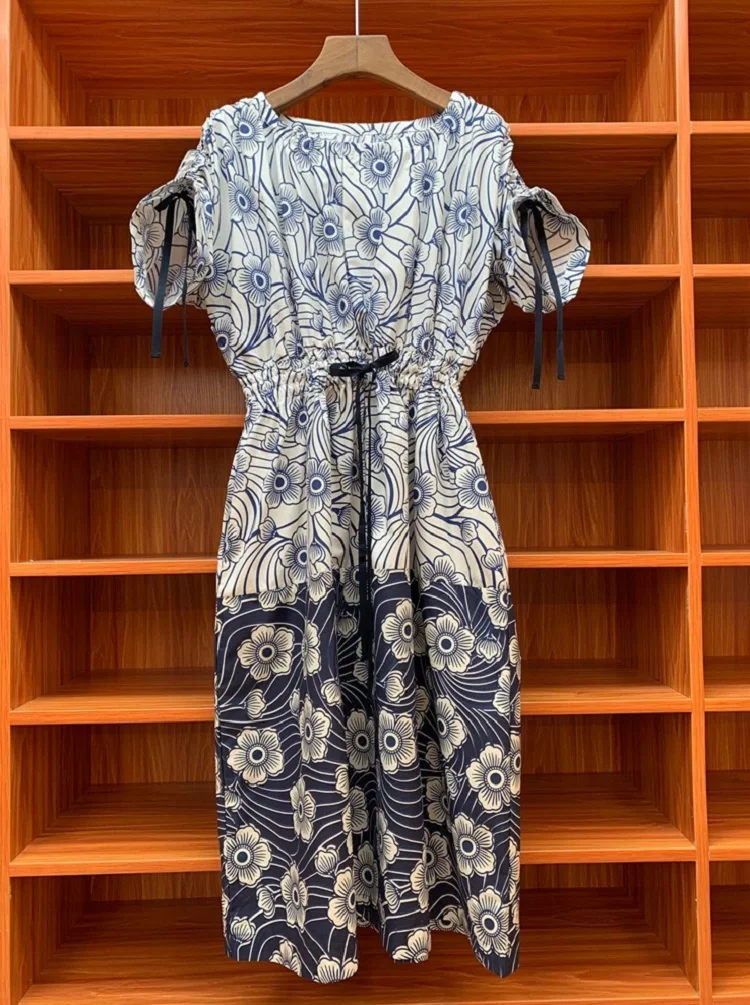 

100%Cotton Women's Dress 2021 Summer Style Ladies O-Neck Vintage Floral Print Drawstring Waist Short Sleeve Mid-Calf Dress Tunic