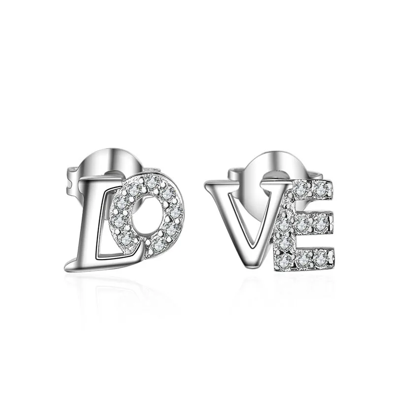 

925 Sterling Silver Crystal Letter Love Piercing Stud Earrings For Women Girls Wedding Trendy Party Jewelry Pendientes eh1111