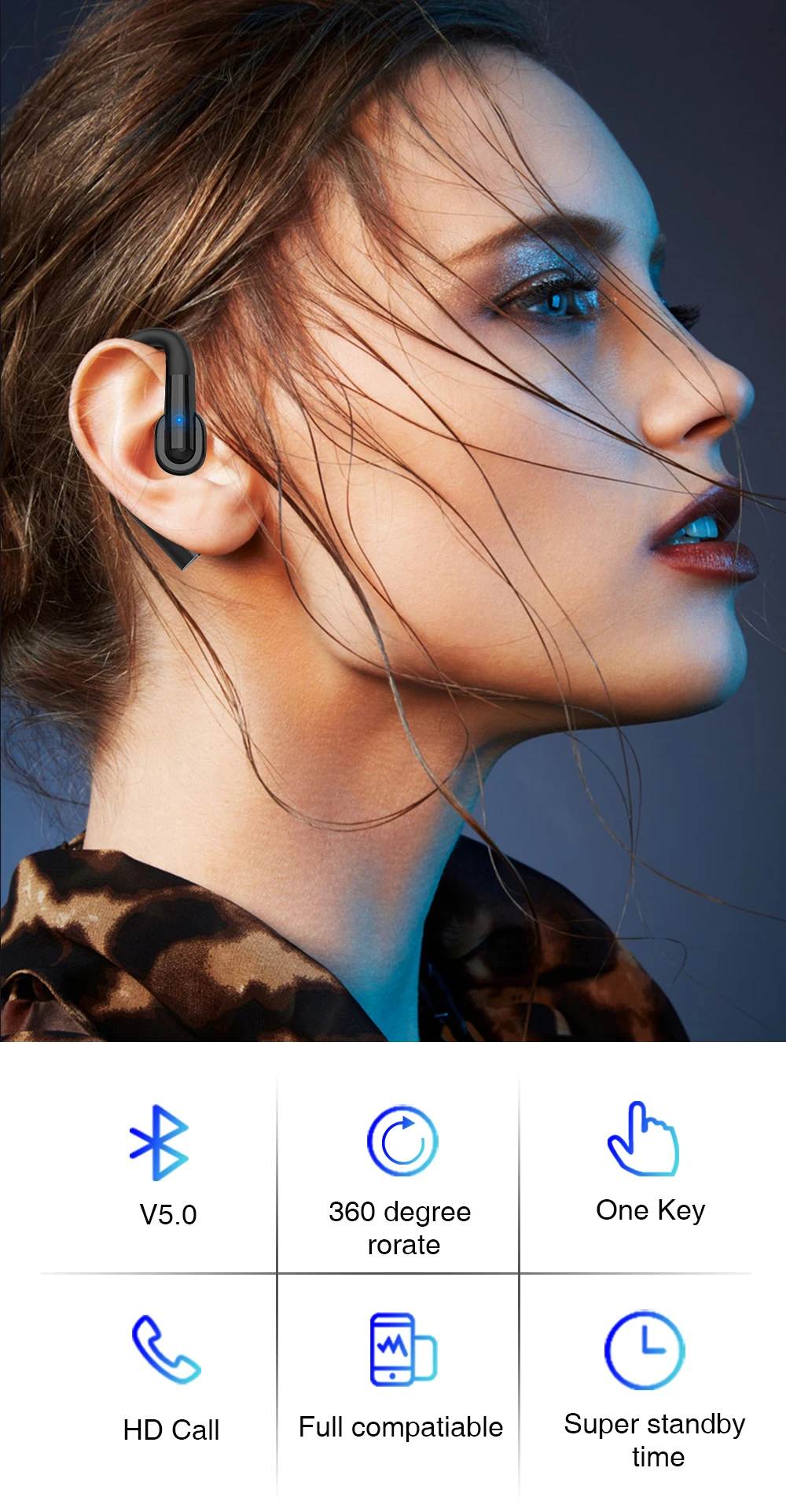 360 градусов Поворот Bluetooth наушники беспроводные V5.0 гарнитуры ушные наушники-Крючки звук с HD микрофоном Handsfree 15H рабочий Дальнобойщик вызов