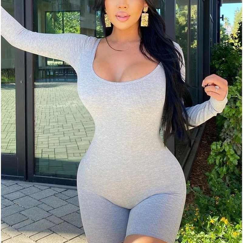 

Mandylandy Tight Jumpsuit Women Sexy Tight Low Cut Long Sleeve Bodycon Jumpsuits Solid Color High Waist Short Pants Playsuits