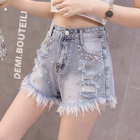 denim shorts womens summer 2021 new korean loose students show thin wide leg hairline nail bead hole hot pants
