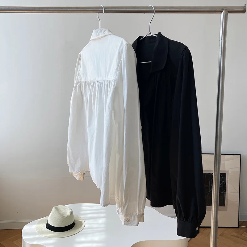 

French Court Style Elegant Casual Women Blouses Pleated Design Solid Long Sleeve Shirts 2021 Spring New Fashion Sweet Tops