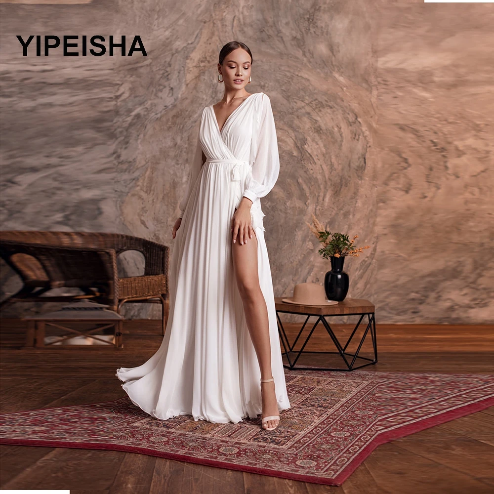 

Simple Long Sleeves Evening Dresses V Neck Straigth Party Dresses High split Pleated Chiffon Long Formal Gowns