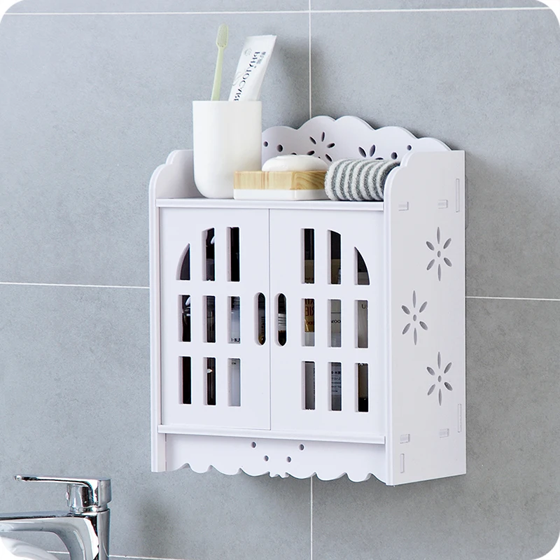 

Punch-free bathroom shower storage cabinet wall-mounted solid wood shelf rack bathroom accessories ZP8071355