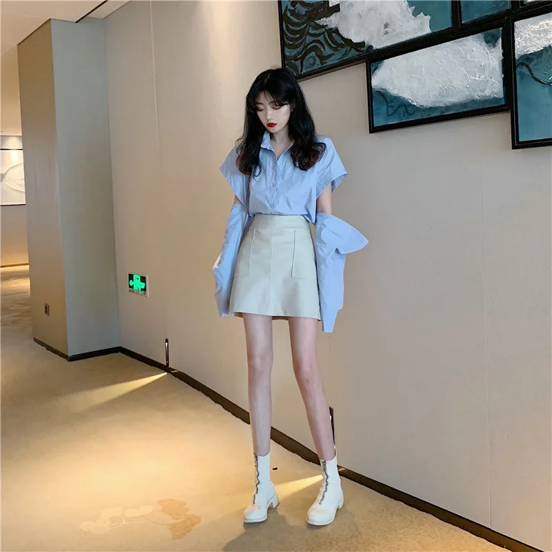 

2020 Summer Hole Design Blue Casual Ladies Shirt Korean Lapel Oversized Ladies Shirt long sleeve blouse