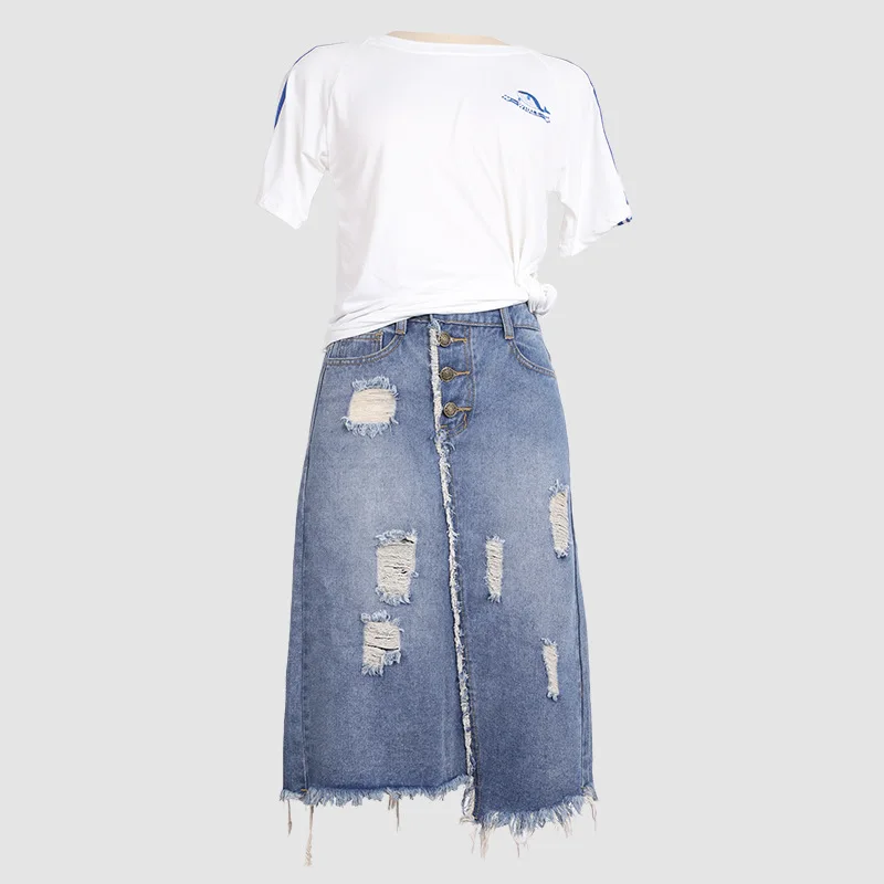 High Quality Women Plus Size Skirt Elastic Waist 2020 Spring Summer Blue Bodycon Denim Skirts Casual Hole Ripped 6XL | Женская одежда
