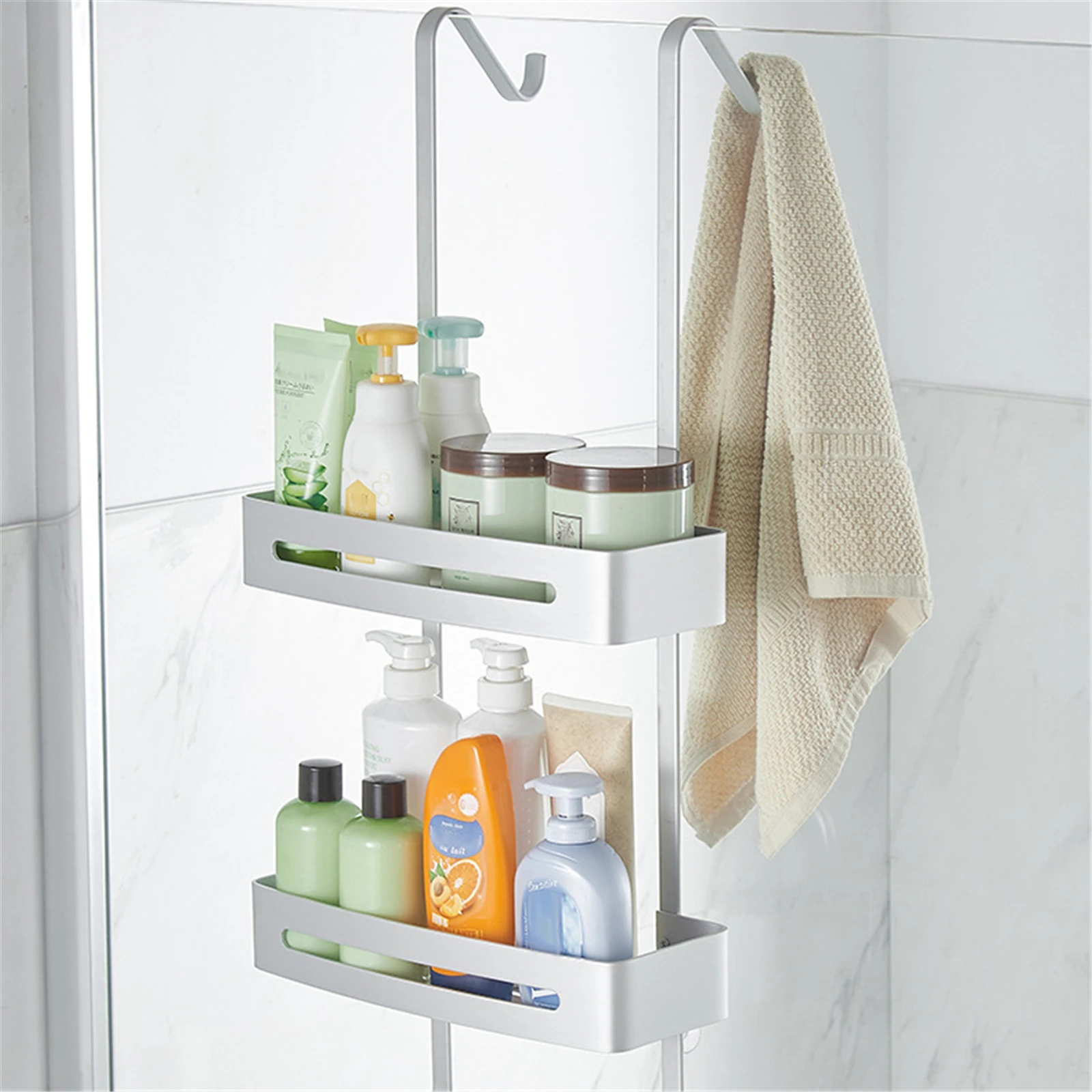 

Stainless Steel Bathroom Storage Rack Wall Hanging 2-Layer Shower Gel Frame Hole-Free Door Hanging Basket Bathroom Storage Rack