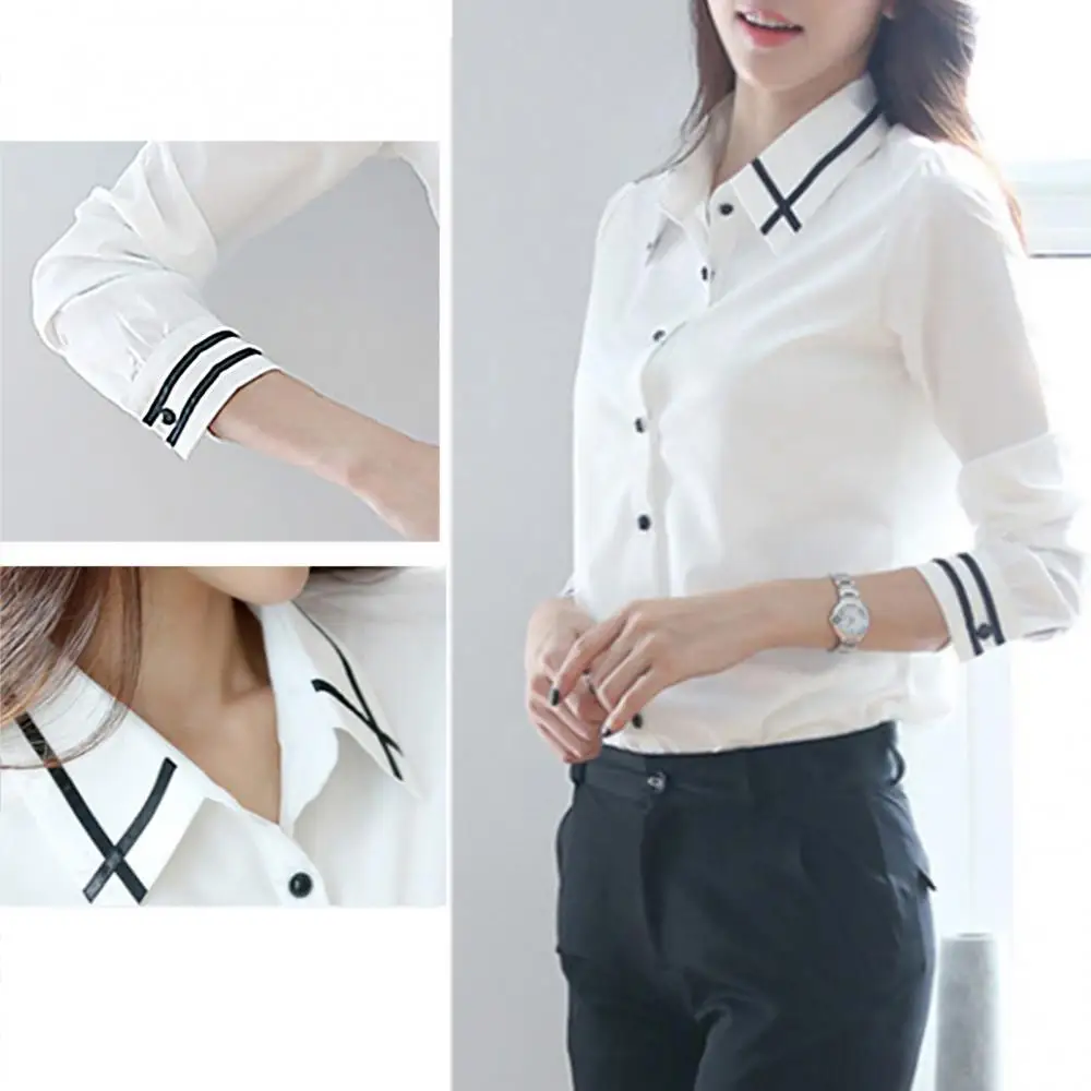 

Women Elegant Long Sleeves Single-breasted Turn Down Collar Slim Striped Shirt