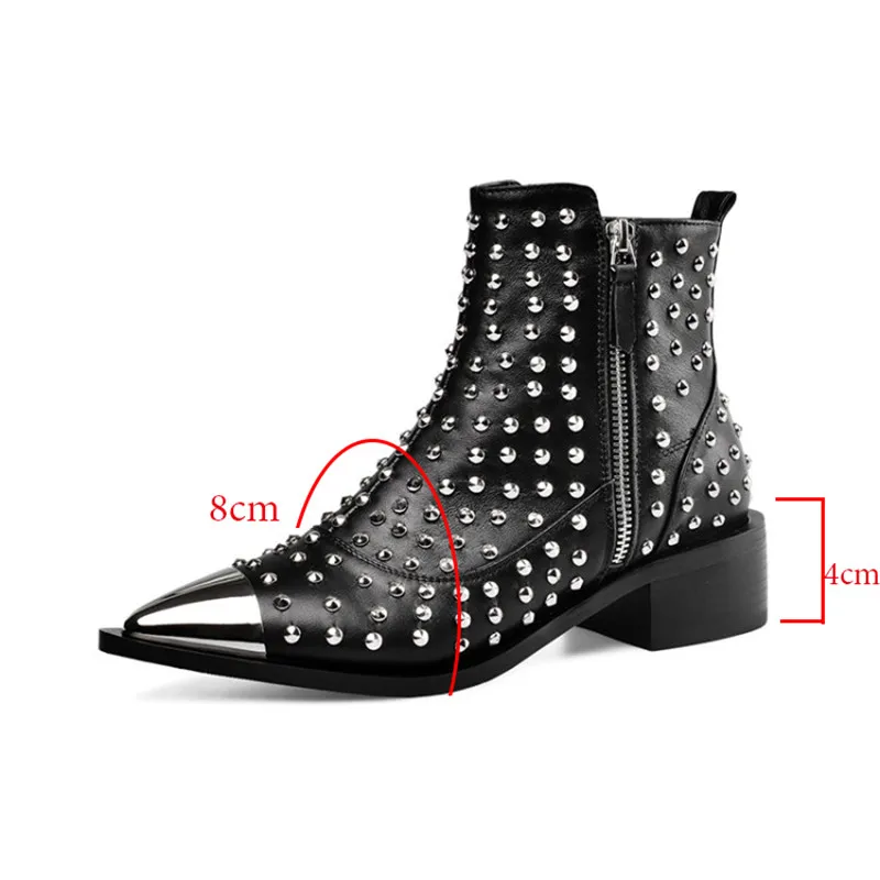 Ботильоны из натуральной кожи Модные мотоботы с пряжкой и заклепками Женская