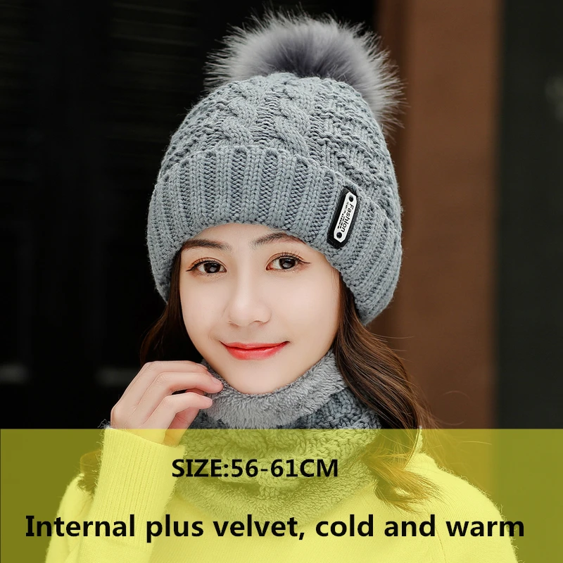 Отделкой кроличьей шерстью вязаная зимняя шапка шарф набор Для женщин толстые